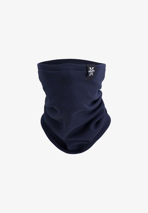 Navy blue neck gaiter made of soft, stretchy fabric. Features a smooth texture with a small branded tag on the side. Circular design.