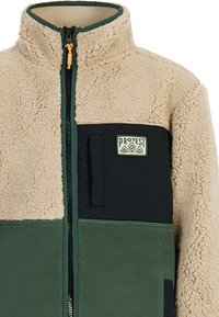 Fleecejack met een beige, zwarte en groene color block-design, voorzien van een hoge kraag en ritssluiting; inclusief borstzak met logo.