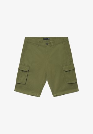 Olivgrüne Cargoshorts mit Knopfverschluss, Gürtelschlaufen, schrägen Fronttaschen und jeweils zwei Klappentaschen an jedem Oberschenkel.