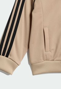 Bež majica z dolgimi rokavi s črnimi črtami na rokavih, rebrastimi manšetami in stranskim žepom. Mehka tkanina z gladko teksturo in minimalističnim dizajnom.