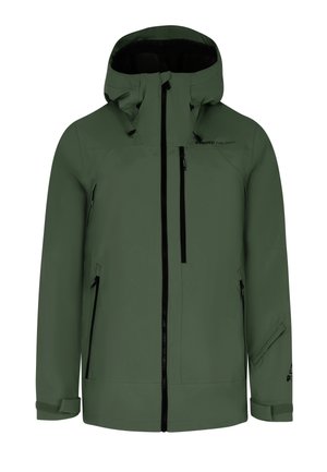 Veste imperméable verte avec capuche, fermetures éclair noires et poignets ajustables. Dispose de plusieurs poches zippées et d'une texture extérieure lisse.