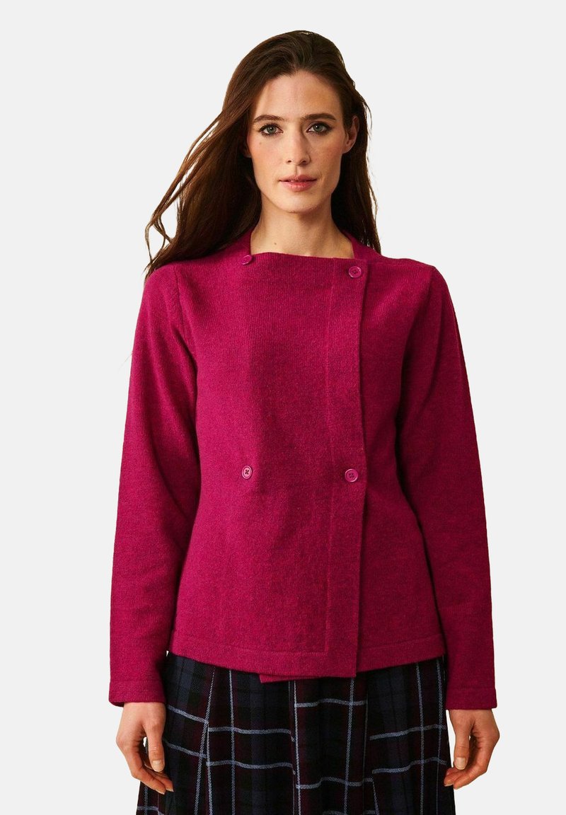 Fuksia villasekoitteen takki, jossa on neliömainen kaula-aukko, kaksoispainonappi suljenta ja pitkä hihat; sileä pinta ja istuva malli.
