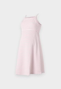 Sukienka w paski w kolorach różowym i białym, wykonana z miękkiej tkaniny. Posiada cienkie ramiączka, dopasowaną górę i rozkloszowany fason spódnicy.