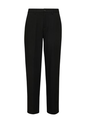 Schwarze, maßgeschneiderte Stoffhose mit Knopf- und Reißverschluss, geraden Hosenbeinen und Gürtelschlaufen auf weißem Hintergrund.