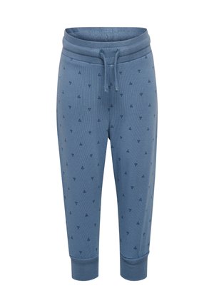 Blaue Baumwoll-Jogginghosen mit einem Kordelzugbund, gerippten Bündchen und kleinen dunkelblauen Dekordrucken überall. Leichtes und tailliertes Design.