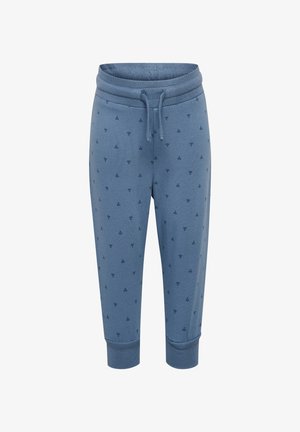 Blaue Baumwoll-Jogginghosen mit einem Kordelzugbund, gerippten Bündchen und kleinen dunkelblauen Dekordrucken überall. Leichtes und tailliertes Design.
