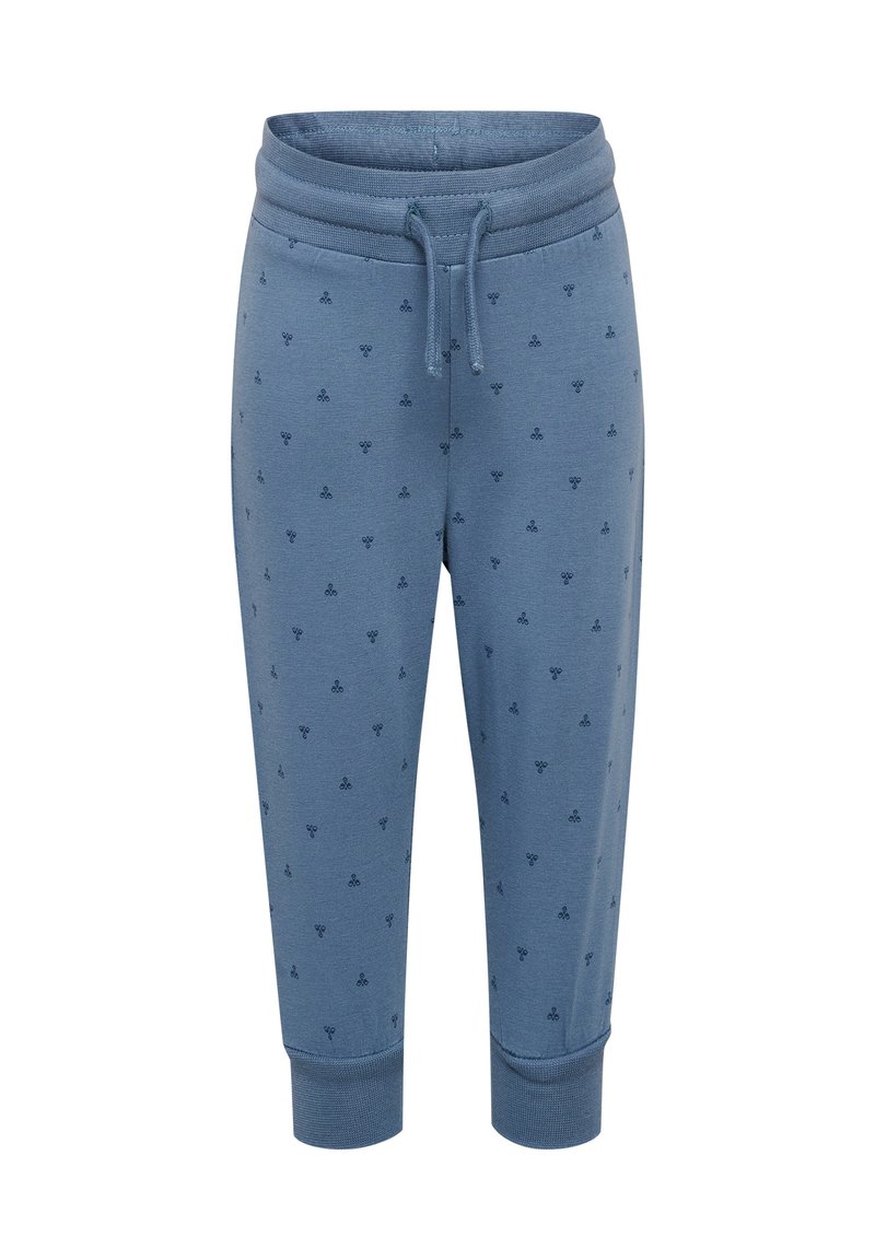 Blaue Baumwoll-Jogginghosen mit einem Kordelzugbund, gerippten Bündchen und kleinen dunkelblauen Dekordrucken überall. Leichtes und tailliertes Design.
