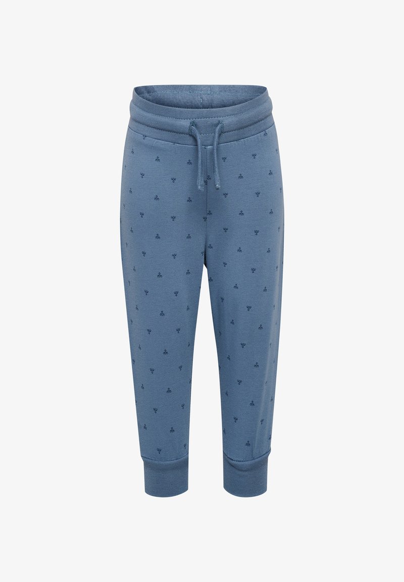 Blaue Baumwoll-Jogginghosen mit einem Kordelzugbund, gerippten Bündchen und kleinen dunkelblauen Dekordrucken überall. Leichtes und tailliertes Design.