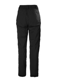 Zwarte waterdichte broek met een elastische tailleband, recht gesneden ontwerp en verstelbare manchetten. Bevat subtiele branding op de achterkant.