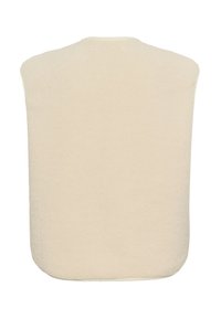 Beige fleece ærmeløs top med en rund halsudskæring og en blød tekstur, der har en glat overflade og et simpelt, udekoreret design.