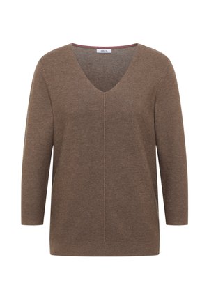 Hnědý žebrovaný pletený svetřík s výstřihem do V, dlouhými rukávy a středovým vertikálním prošíváním na přední straně.