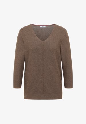 Brauner, gerippter Strickpullover mit V-Ausschnitt, langen Ärmeln und einem mittig verlaufenden vertikalen Nahtdetail auf der Vorderseite.