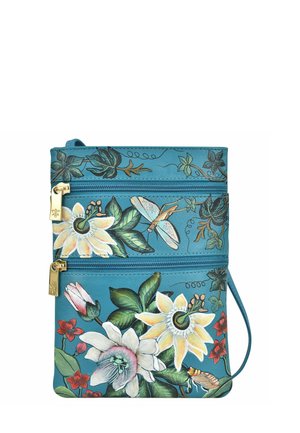 Blue leather crossbody bag featuring floral patterns in vibrant colors. Includes three zippered compartments and gold-tone hardware accents.