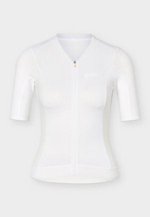 Camiseta de ciclismo blanca de manga corta con cremallera frontal y sutil logo "poc" en el pecho izquierdo.