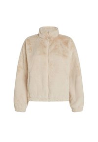 Beige, cropped fuzzy jasje met een hoge kraag, halve rits en elastische manchetten en zoom. Zachte textuur met een pluche afwerking.
