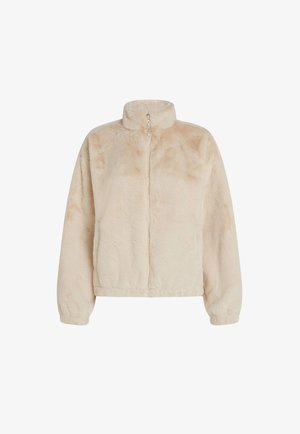 Beige, lyhyeksi leikattu pörröinen takki, jossa on korkeakauluksinen, puolivetoketju ja elastiset hihansuut ja helma. Pehmeä rakenne ja ylellinen viimeistely.