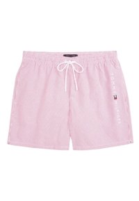 Shorts de bain rayés roses avec une taille élastique et un cordon de serrage. Équipés d'un logo blanc sur le côté et d'un tissu léger.