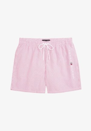 Roze gestreepte zwemboxers met een elastische tailleband en trekkoord. Bevat een wit logo aan de zijkant en is gemaakt van lichtgewicht stof.