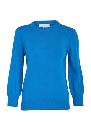 Niebieski sweter dzianinowy z okrągłym dekoltem, długimi bufkami oraz prążkowanymi mankietami i dołem. Gładka tekstura w jednolitym kolorze, bez wzorów.