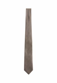 Ruskea kuviollinen solmio, jossa on houndstooth-kuvio, valmistettu teksturoidusta kankaasta. Solmiolla on kapea muoto ja terävä pää.