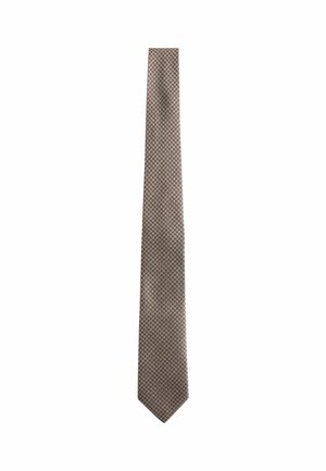 Braun gemusterte Krawatte mit einem Hahnentritt-Design, aus strukturiertem Stoff, mit schlanker Form und spitzem Ende.