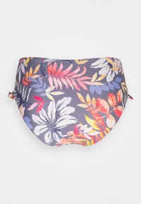 Bunte, gemusterte Bikinihose mit einem dunkelgrauen Grundton und lebhaften floralen Designs in Rot, Gelb und Blau. Mit Bindebändern an den Seiten.