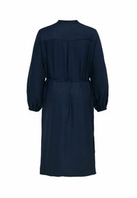 Robe midi bleu marine à manches longues avec poignets froncés, détail du yoke au dos et ceinture à la taille, présentée sur fond blanc.