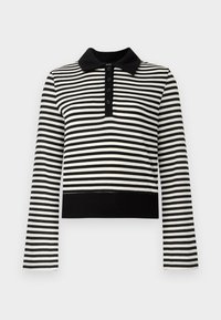 Black and white striped long-sleeve polo shirt with a black collar, button placket, and ribbed hem. Soft knit texture.