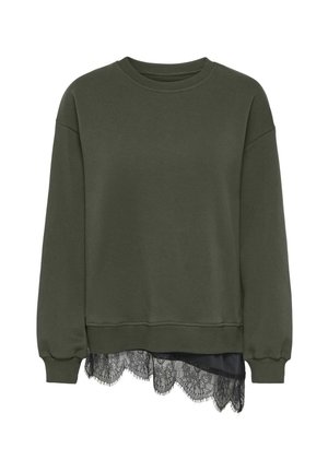 Dunkelgrünes Sweatshirt mit langen Ärmeln, Rippbündchen an Ärmeln und Saum, mit schwarzer Spitzenverzierung, die am unteren Saum hervorlugt.