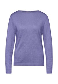 Lila långärmad tröja med rund halsringning, ribbade mudd och nederkant. Mjuk stickad tyg och enkel design utan synliga mönster eller accentuerade detaljer.