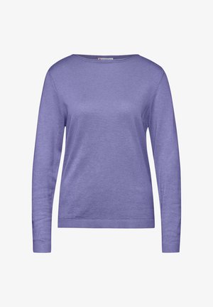 Paarse langlopende trui met een ronde hals, geribde mouwen en zoom. Zacht breiwerk en een eenvoudig ontwerp zonder zichtbare patronen of accenten.