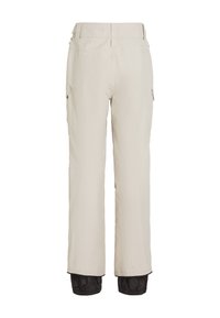 Beige outdoor pants with a straight cut, cargo pockets on the sides, and black elastic cuffs at the bottom for adjustable fit.