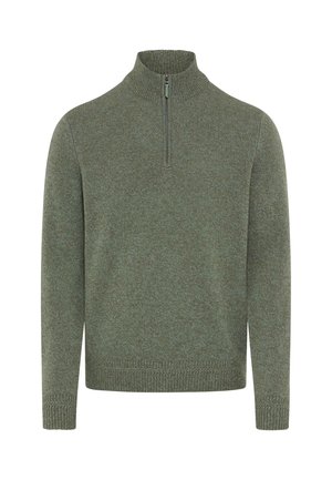 Maglione verde a maglia con colletto alto e zip corta. Presenta polsini e orlo a costine, offrendo un aspetto testurizzato e accogliente.