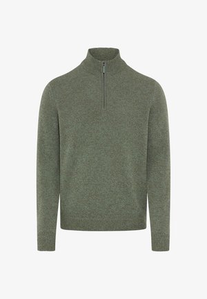 Maglione verde a maglia con colletto alto e zip corta. Presenta polsini e orlo a costine, offrendo un aspetto testurizzato e accogliente.