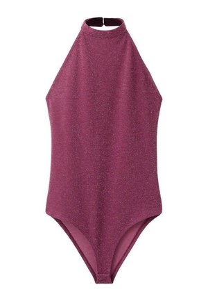Costume da bagno halter-neck di un profondo viola lucido, con un collo alto e lati scavati, caratterizzato da una texture liscia e un design minimalista.