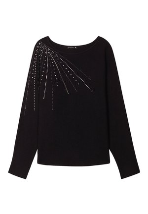 Zwart sweatshirt met lange mouwen, brede hals en sprankelende rhinestones in een explosiepatroon op één schouder. Zachte textuur.