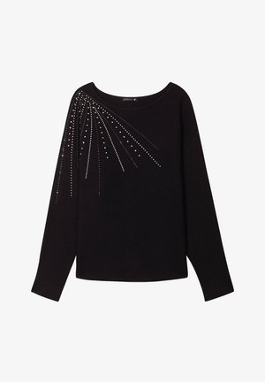 Maglione nero con maniche lunghe, scollo ampio e rhinestone scintillanti disposti a forma di esplosione su una spalla. Texture morbida.