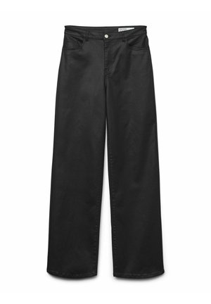 Schwarze weit geschnittene Jeans mit hoher Taille, fünf Taschen, Knopfverschluss und glatter Denim-Oberfläche. Vorder- und Rücknähte sind sichtbar.