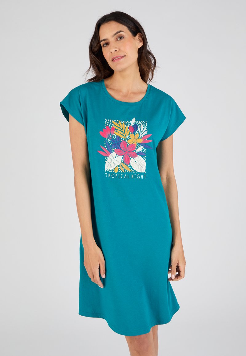 Abito corto a maniche corte di colore teal, realizzato in tessuto morbido, con una stampa floreale colorata e la scritta "Tropical Night" sulla parte anteriore.