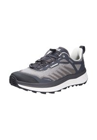 Trailrunning-Schuh in Grau und Schwarz aus Mesh mit weißen Akzenten. Merkmale sind eine abgerundete Zehenpartie, eine Gummisohle mit Profilnoppen und ein elastisches Schnellschnürsystem.