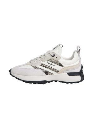 Sneaker grigio chiaro con una combinazione di texture liscia e scamosciata, suola in gomma nera e accentuazione con motivo in pelle di serpente sui lati.