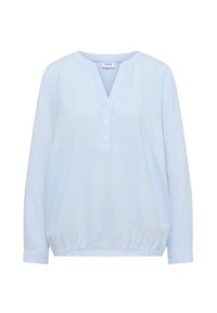 Blouse manches longues à rayures verticales bleu clair et blanc, avec un col rond, une patte de boutonnage partielle et un ourlet élastiqué.