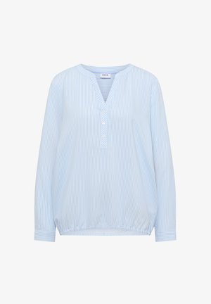 Blusa de manga larga con rayas verticales en azul claro y blanco, escote redondo, tapeta con botones parcial y dobladillo elástico.