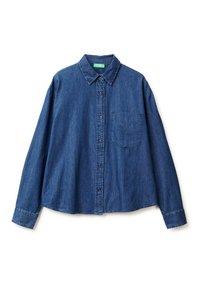 Camicia in denim, blu scuro, maniche lunghe, colletto a punta, tasca frontale, orlo dritto, vestibilità leggermente ampia, superficie liscia.