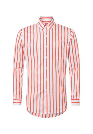Lange mouwen shirt met verticale witte en oranje strepen, button-down kraag, één borstzak en een gebogen zoom.