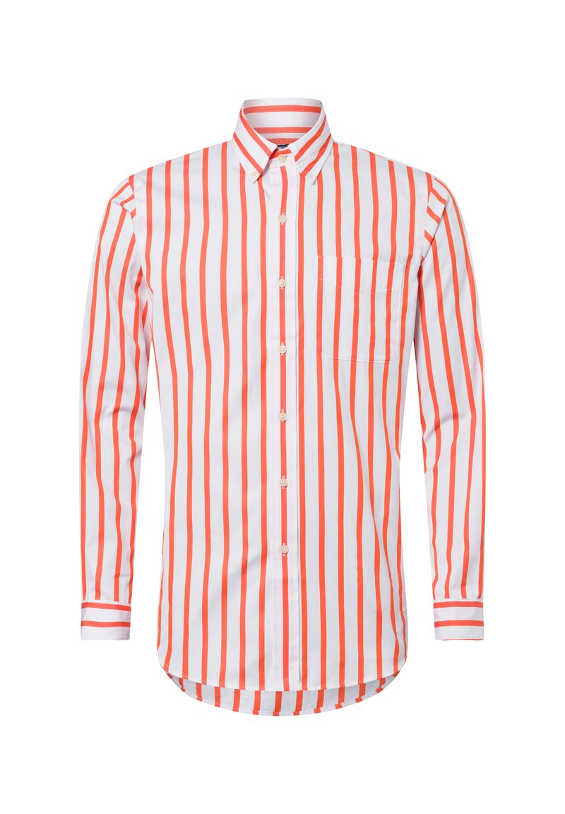 Lange mouwen shirt met verticale witte en oranje strepen, button-down kraag, één borstzak en een gebogen zoom.
