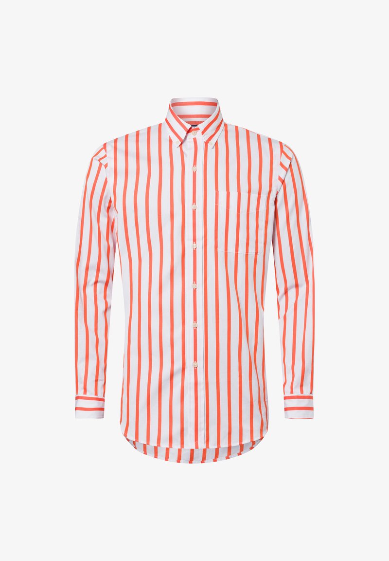 Lange mouwen shirt met verticale witte en oranje strepen, button-down kraag, één borstzak en een gebogen zoom.