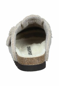 Beige felt slipper with a soft inner lining, cork midsole, and a textured rubber outsole; features a wide, open back design.
