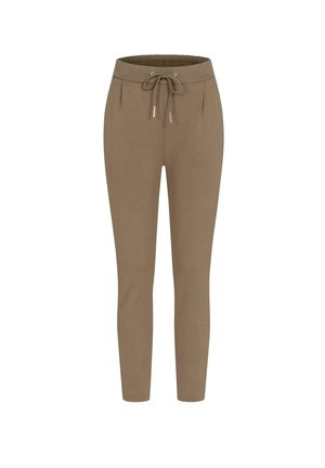 Pantalon de survêtement marron avec une taille à cordon de serrage, des jambes fuselées et des plis cousus à l'avant. Fabriqué en tissu doux et respirant.
