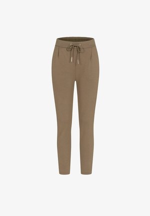 Pantaloni de trening maro cu un cordon în talie, picioare conice și pliseuri cusute în față. Fabricat dintr-un material moale și respirabil.